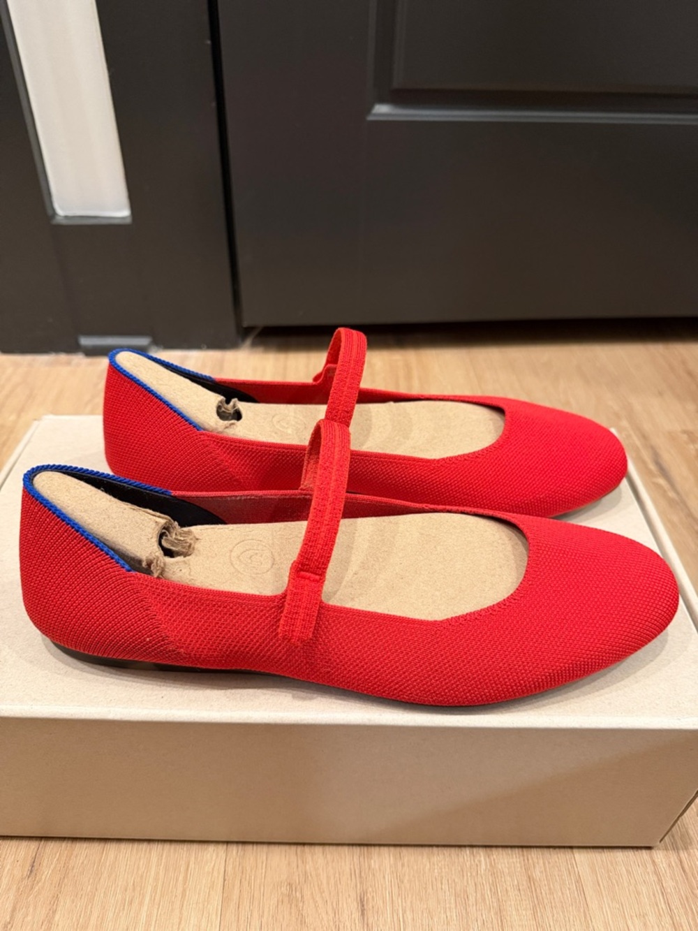 Rothy's Lollipop Red The Square Mary Jane Flats with Blue Trim size 10.5 - Picture 4 of 5